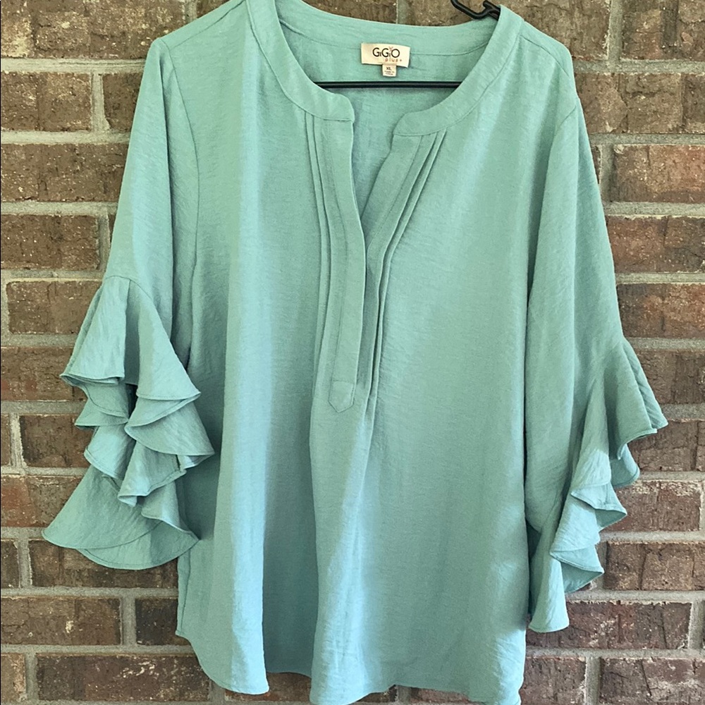 GigiO sea foam green ruffled with mandarin collar blouse